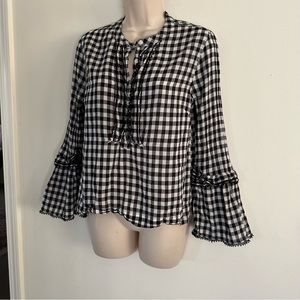 J. Crew black and white buffalo check ruffled bell sleeve top (DDD)